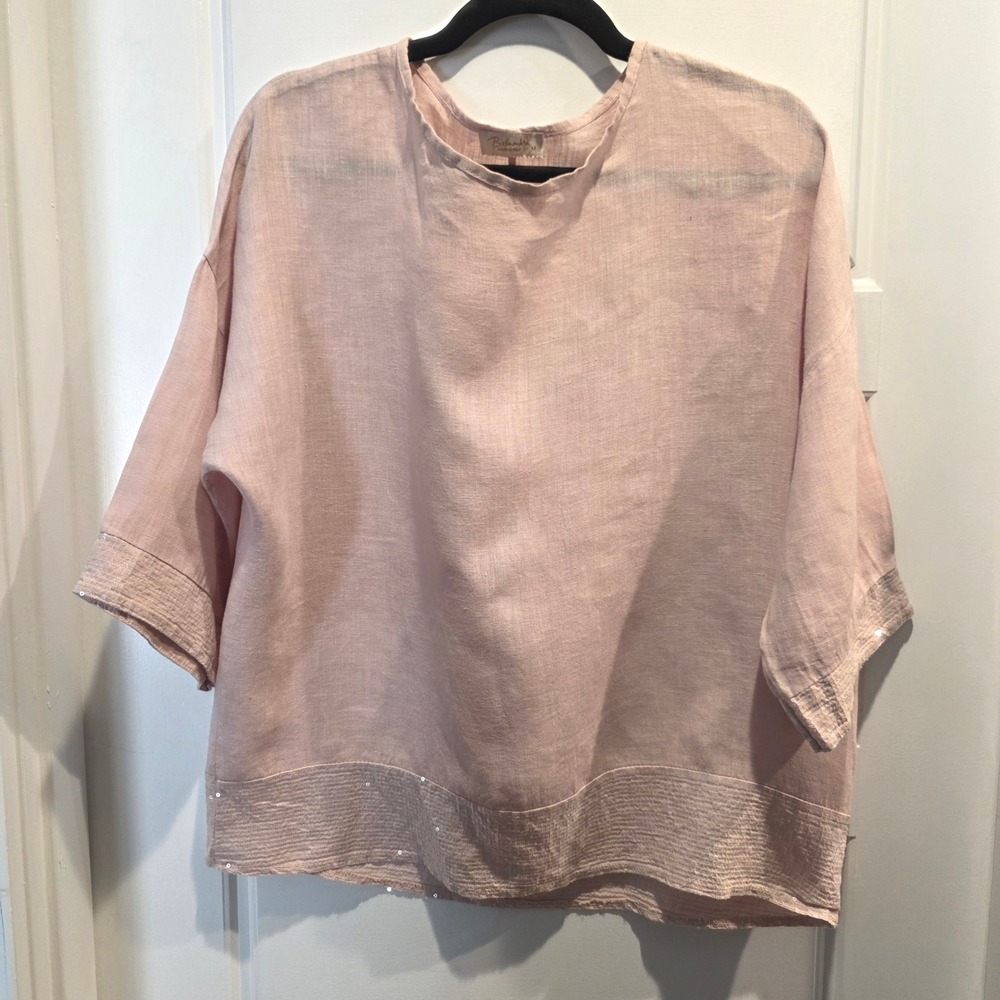 Bellambra 100% Linen Sequin‎ Trim Tunic Mauve Pink Midi Sleeve Italian Top Sz M
